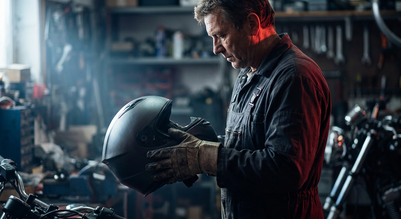 Mani con guanti che controllano la calzata di un casco integrale