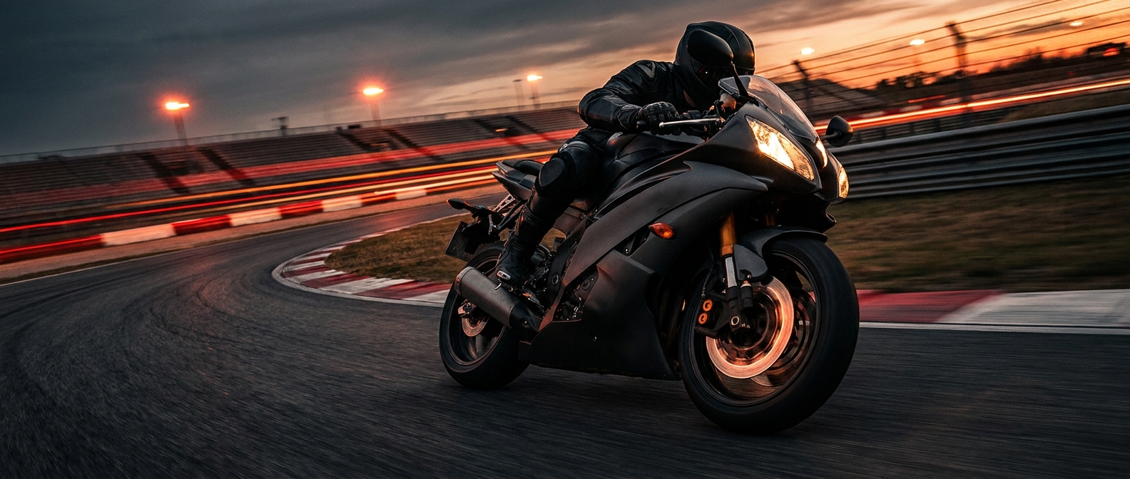 Moto sportiva in piega su un circuito al tramonto